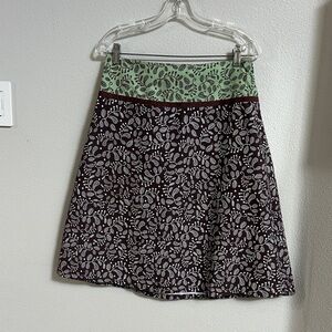 Isis A-Line Skirt with Green Waistband and Brown Leaf Design